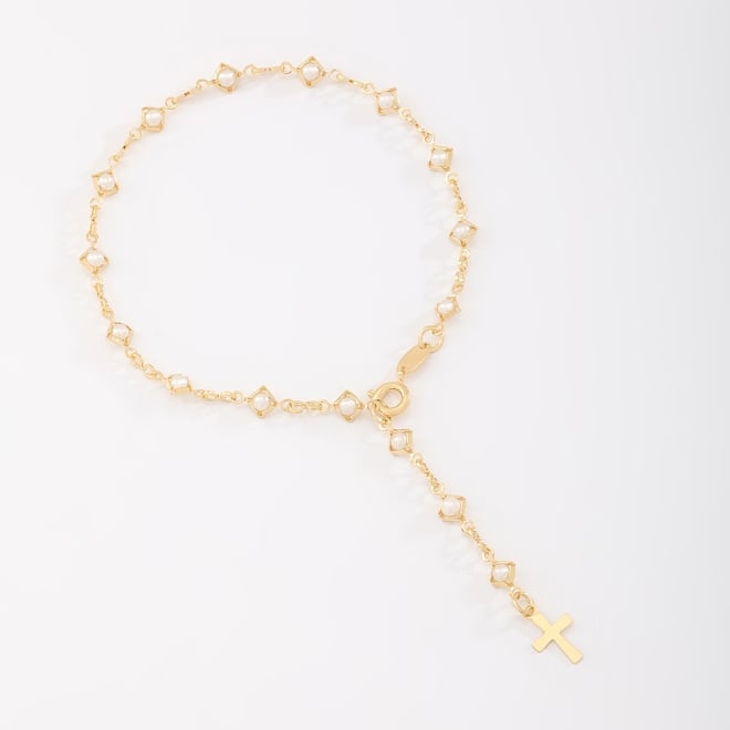 PU-00184 PULSEIRA EM DESIGN DE TER&Ccedil;O COM P&Eacute;ROLAS E PINGENTE DE CRUZ