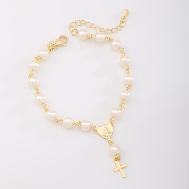 PU-00191 PULSEIRA DE P&Eacute;ROLA COM SAGRADO CORA&Ccedil;&Atilde;O DE JESUS E CRUZ