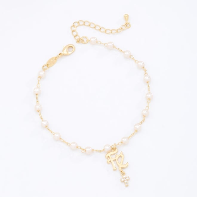 PU-00221 PULSEIRA BANHADA A OURO 18K COM PÉROLAS E PINGENTE ESCRITO FÉ