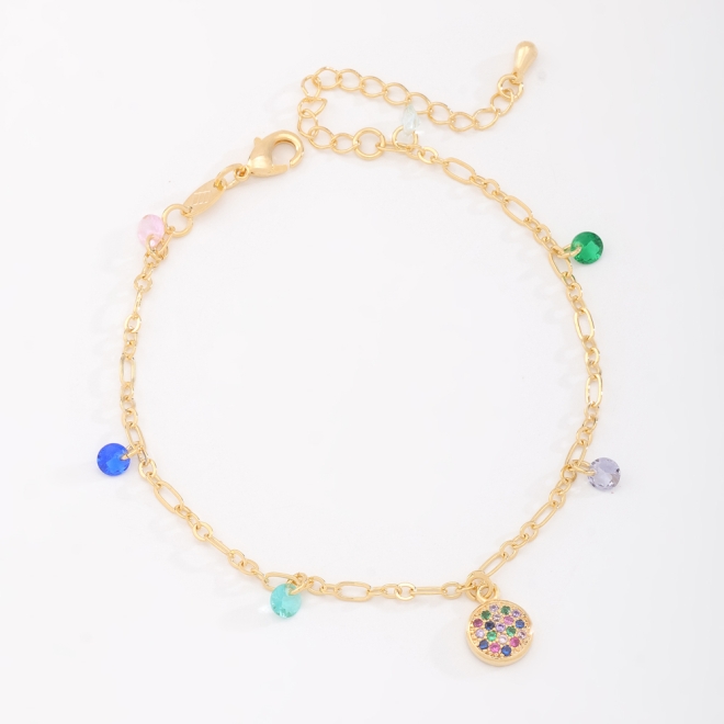 PU-00229 PULSEIRA BANHADA A OURO 18K COM PINGENTE EM ZIRC&Ocirc;NIAS COLORIDAS