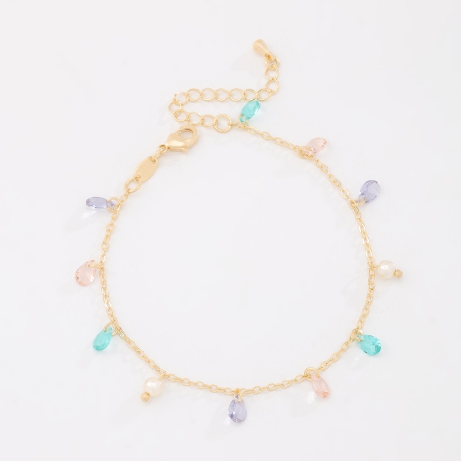 PU-00243 PULSEIRA ELOS COM PINGENTES EM GOTAS ZIRC&Ocirc;NIAS E INTERCALADAS COM P&Eacute;ROLAS