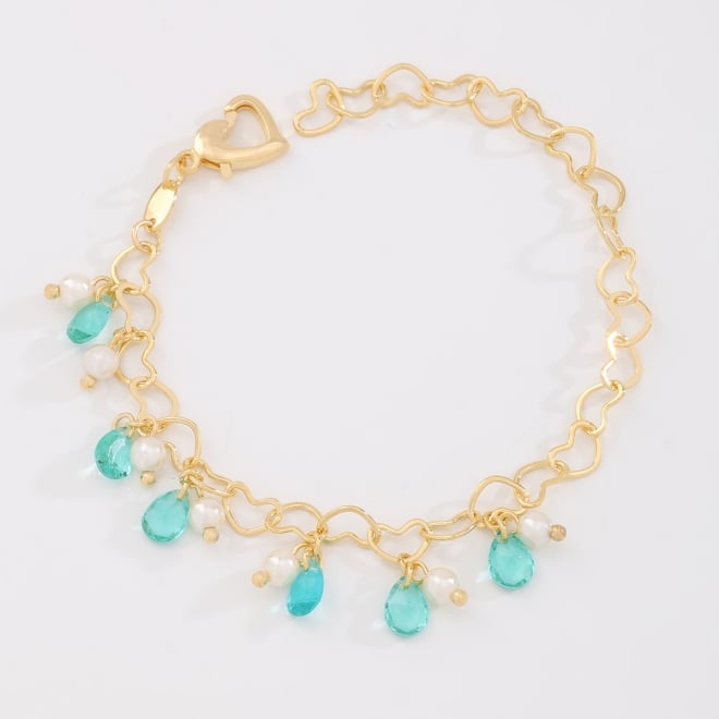 PU-00247 PULSEIRA ELOS EM CORAÇÃO E PINGENTES DE CRISTAIS GOTAS E DETALHES DE PÉROLAS