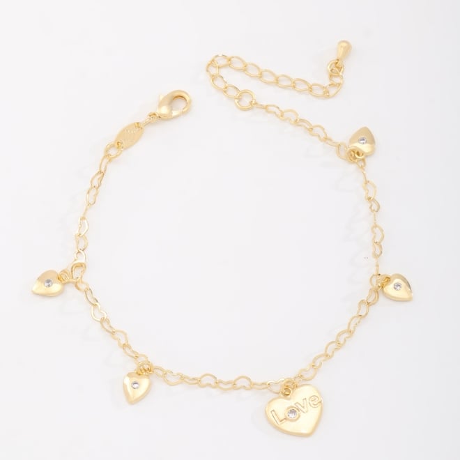 PU-00268 PULSEIRA BANHADA A OURO 18K COM CORRENTE ELO DELICADO E PINGENTES EM FORMATO DE CORA&Ccedil;&Atilde;O