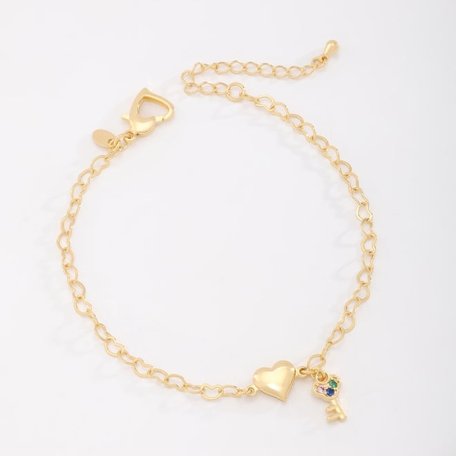 PU-00298 PULSEIRA BANHADA A OURO 18K COM CORRENTE EM ELOS DE CORAÇÃO, PINGENTE DE CORAÇÃO