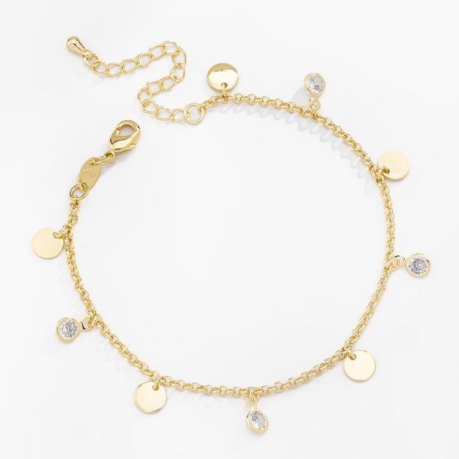 PU-00310 PULSEIRA BANHADA A OURO 18K COM PINGENTES DE MEDALHAS LISAS E PONTOS DE LUZ EM ZIRCÔNIA