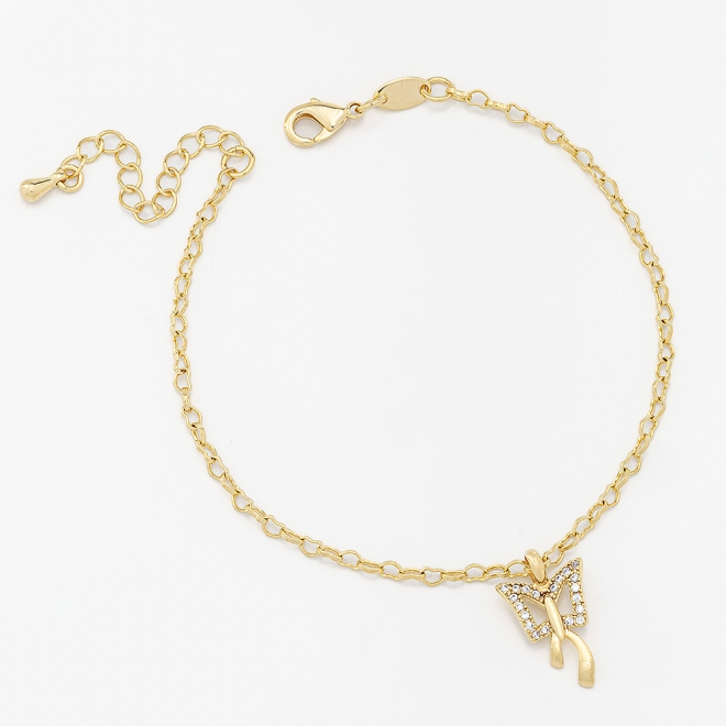 PU-00352 PULSEIRA BANHADA A OURO 18K COM PINGENTE DE BORBOLETA EM ZIRC&Ocirc;NIAS