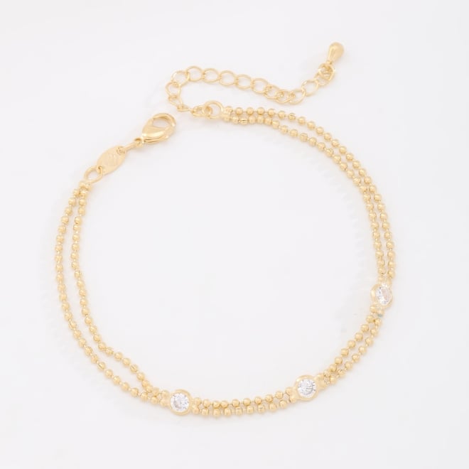 PU-00544 PULSEIRA BANHADA A OURO 18K COM CORRENTE DUPLA DE BOLINHAS E DETALHES PONTUAIS EM ZIRC&Ocirc;NIAS
