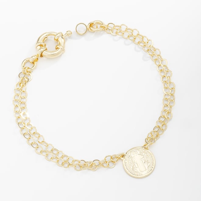 PU-00550 PULSEIRA BANHADA A OURO 18K COM CORRENTE DUPLA E PINGENTE S&Atilde;O BENTO
