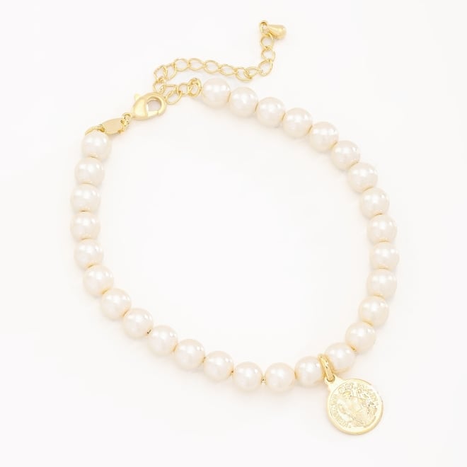 PU-00557 PULSEIRA COM P&Eacute;ROLAS E MEDALHA DE S&Atilde;O BENTO