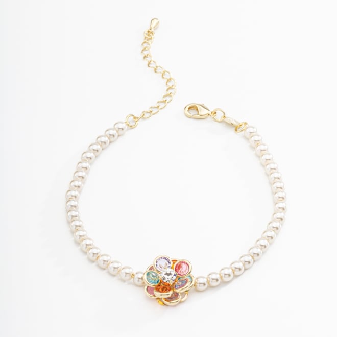 PU-00559 PULSEIRA COM DETALHES EM P&Eacute;ROLAS E PINGENTE DE FLOR COLORIDA