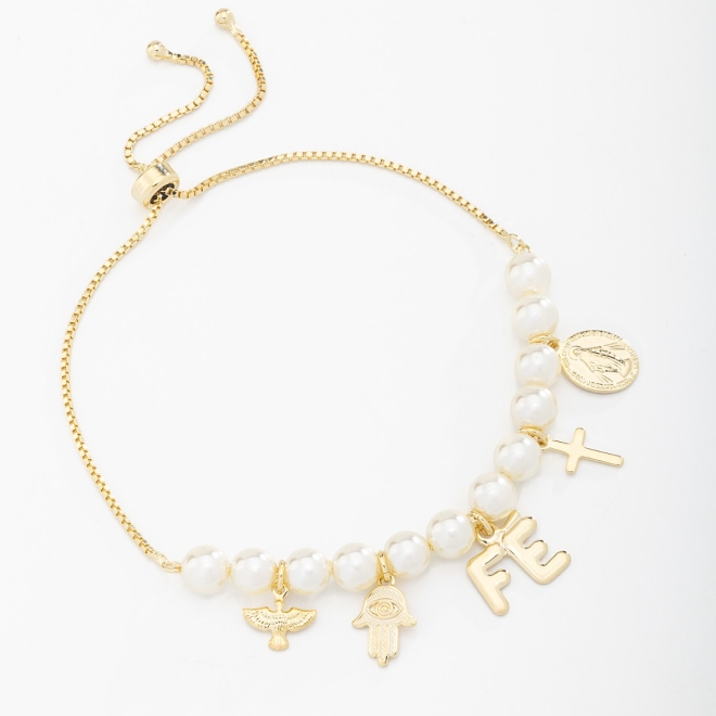 PU-00607 PULSEIRA COM PÉROLAS E PINGENTES RELIGIOSOS