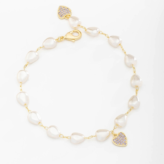 PU-00637 PULSEIRA COM P&Eacute;ROLAS E PINGENTES DE CORA&Ccedil;&Atilde;O CRAVEJADOS EM ZIRC&Ocirc;NIAS