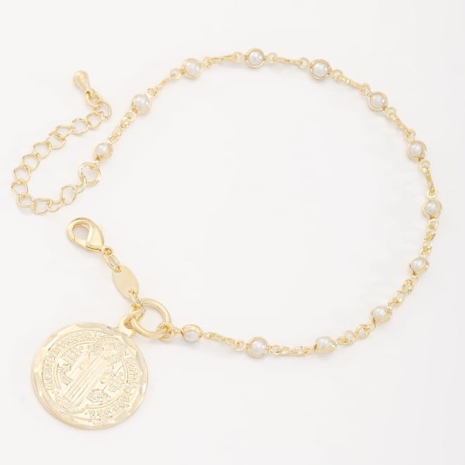 PU-00708 PULSEIRA COM DETALHES EM PÉROLAS E MEDALHA RELIGIOSA