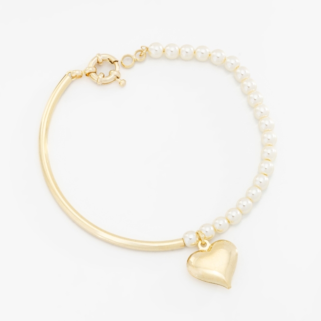 PU-00754 PULSEIRA COM DETALHES EM PÉROLAS E PINGENTE DE CORAÇÃO