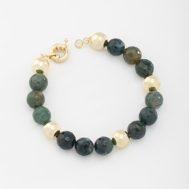 PU-00770 PULSEIRA COM ESFERAS FACETADAS EM TONS TERROSOS E DETALHES DOURADOS