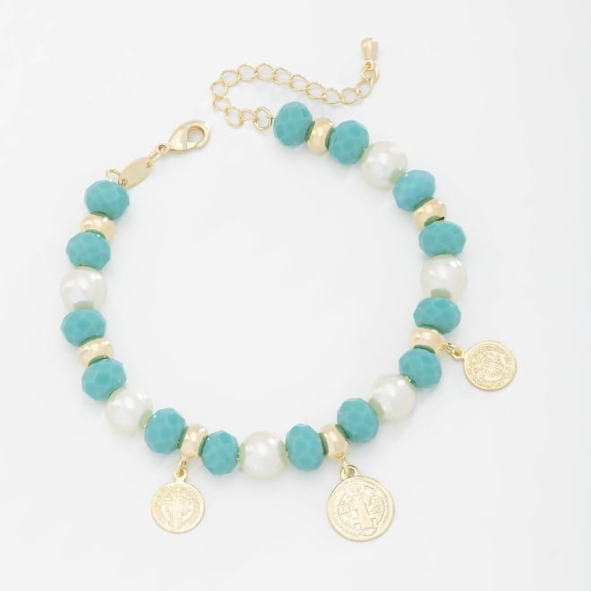 PU-00773 PULSEIRA EM PÉROLAS E BOLAS NA COR TURQUESA E PINGENTES RELIGIOSOS