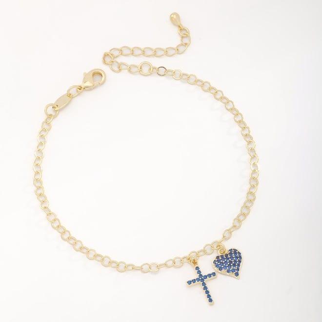PU-00805 PULSEIRA COM PINGENTES DE CRUZ E CORAÇÃO EM ZIRCÔNIAS AZUIS