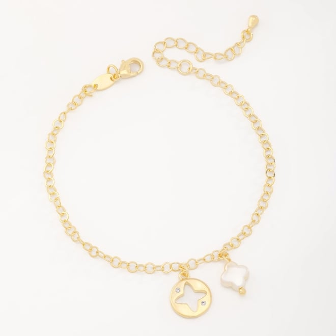 PU-00806 PULSEIRA COM ELOS E PINGENTES DE FLOR EM MADREP&Eacute;ROLA E MEDALHA COM ZIRC&Ocirc;NIAS