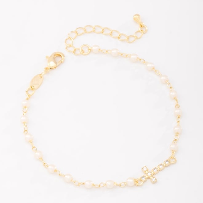 PU-00881 PULSEIRA COM DETALHES EM PÉROLAS E CRUZ EM ZIRCÔNIAS