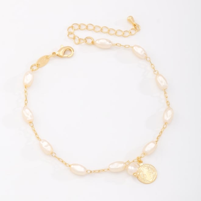 PU-00887 PULSEIRA BANHADA A OURO 18K COM P&Eacute;ROLAS ORG&Acirc;NICAS E PINGENTE DE S&Atilde;O BENTO.