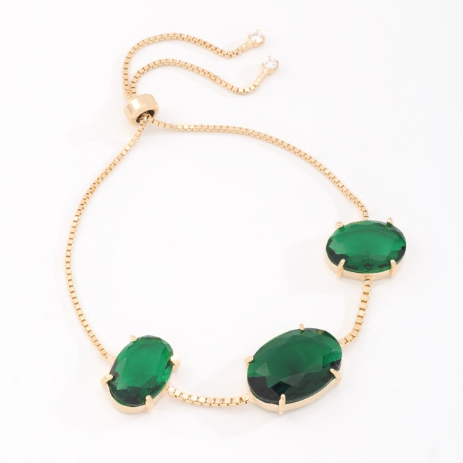 PU-00911 PULSEIRA BANHADA A OURO 18K COM TR&Ecirc;S PEDRAS DE ZIRC&Ocirc;NIA EM FORMATO OVAL E FECHO AJUST&Aacute;VEL