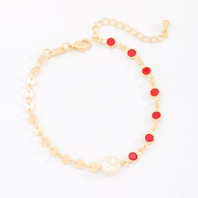 PU-00939 PULSEIRA BANHADA A OURO 18K COM DETALHES EM PEDRAS LAPIDADAS COM VARIEDADE DE CORES E PÉROLA CENTRAL