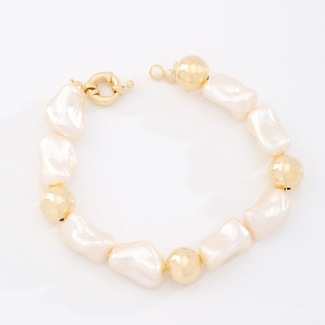 PU-00951 PULSEIRA BANHADA A OURO 18K COM DETALHES EM PÉROLAS IRREGULARES E ESFERAS