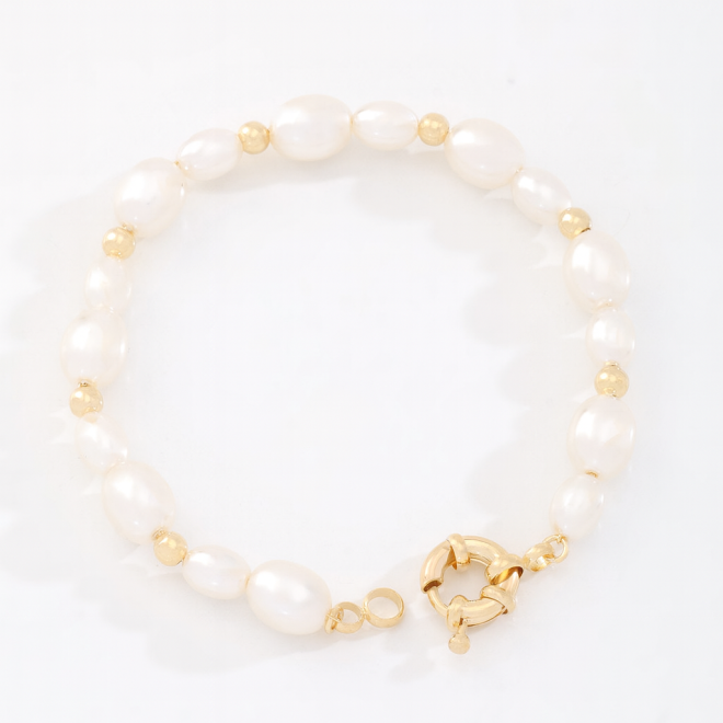 PU-00961 PULSEIRA BANHADA A OURO 18K COM P&Eacute;ROLAS EM FORMATO OVAL E ESFERAS POLIDAS