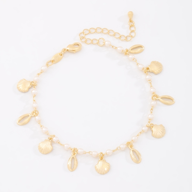 PU-00963 PULSEIRA BANHADA A OURO 18K COM PÉROLAS E PINGENTES DE CONCHAS E BÚZIOS