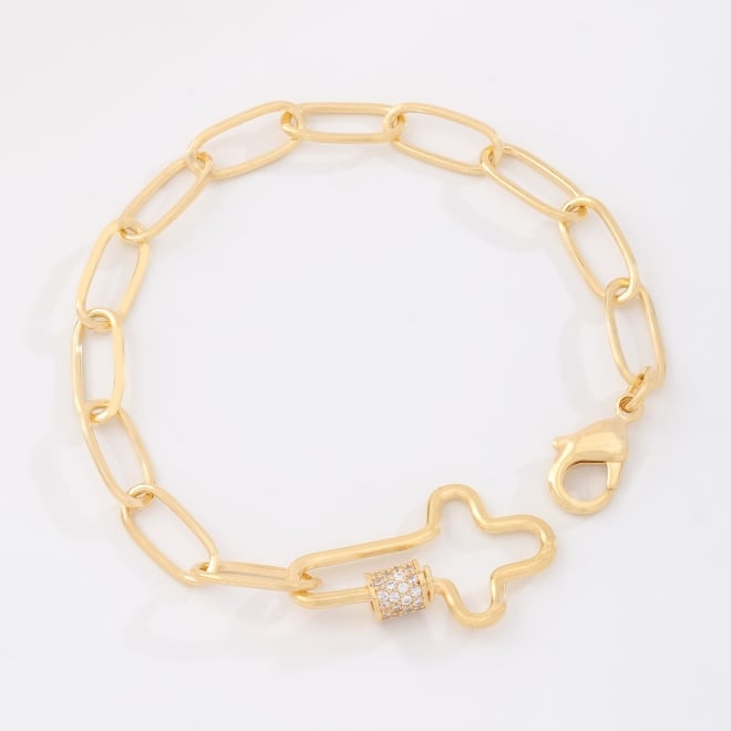PU-00992 PULSEIRA COM ELOS ALONGADOS E PINGENTE EM CRUZ COM DETALHE CENTRAL CRAVEJADO