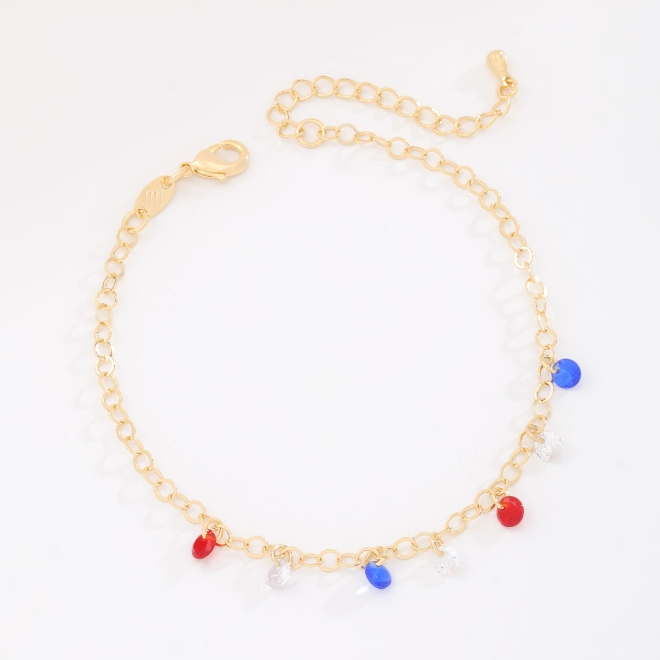 PU-01002 PULSEIRA BANHADA A OURO 18K COM CORRENTE DE ELOS E PINGENTES EM CRISTAIS COLORIDOS