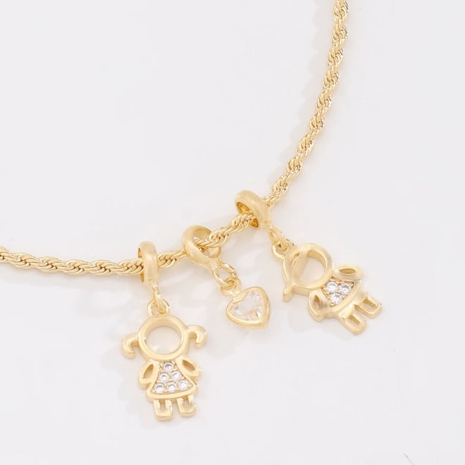 PU-01027 PULSEIRA BANHADA A OURO 18K COM CORRENTE TORCIDA E PINGENTES DE MENINA, MENINO E CORAÇÃO C