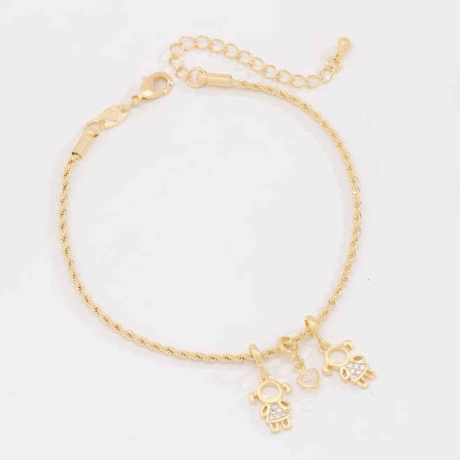 PU-01029-PULSEIRA BANHADA A OURO 18K COM PINGENTES DE DUAS MENINAS E CORAÇÃO CRAVEJADO EM ZIRCÔNIAS