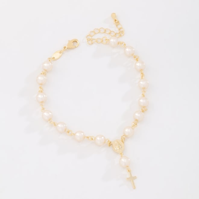 PU-01033 -PULSEIRA BANHADA A OURO 18K COM PÉROLAS E PINGENTE RELIGIOSO COM MEDALHA