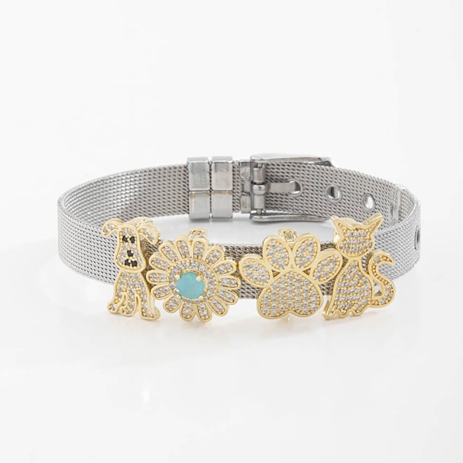 PUM-00657 PULSEIRA EM MALHA MET&Aacute;LICA COM PINGENTES PET EM ZIRC&Ocirc;NIAS