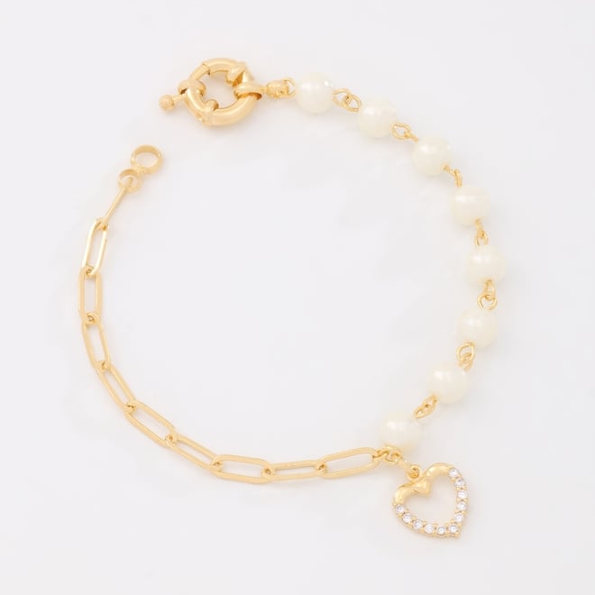 PX-0033 PULSEIRA EM ELOS ALONGADOS INTERCALADOS COM P&Eacute;ROLAS E PINGENTE DE CORA&Ccedil;&Atilde;O CRAVEJADO