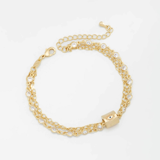 PX-0043 PULSEIRA BANHADA A OURO 18K COM TRIPLA CORRENTE E DETALHES CRAVEJADOS