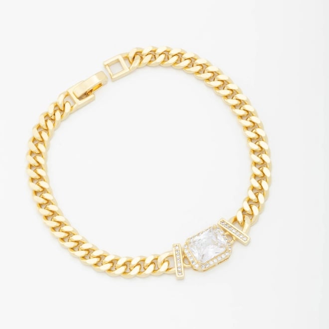 PX-0075 PULSEIRA BANHADA A OURO 18K COM CORRENTE ELO GRUMET E PEDRA CENTRAL CRAVEJADA