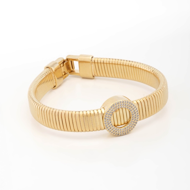 PX-0109 PULSEIRA BANHADA A OURO 18K ARTICULADA E PINGENTE REDONDO CRAVEJADO