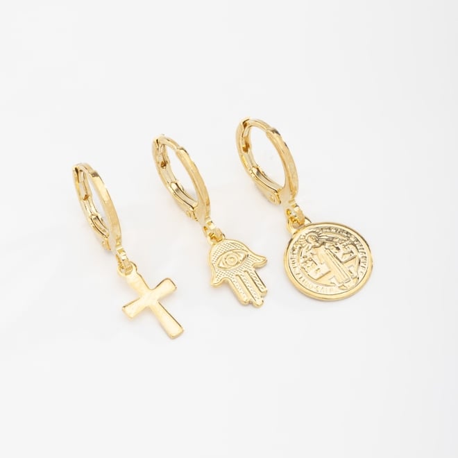 TAQ-00003 TRIO DE ARGOLAS COM PINGENTES RELIGIOSOS E SIMBÓLICOS