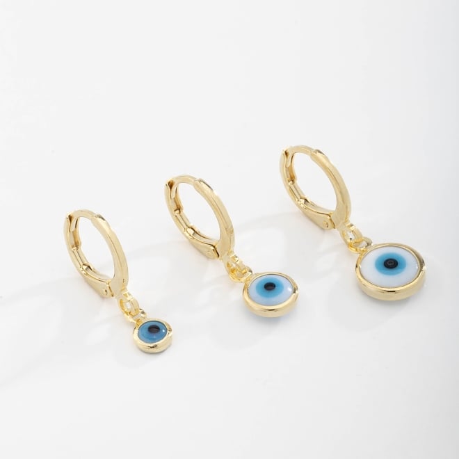 TAQ-00004 TRIO DE BRINCOS ARGOLA CLICK BANHADOS A OURO 18K COM PINGENTE DE OLHO GREGO