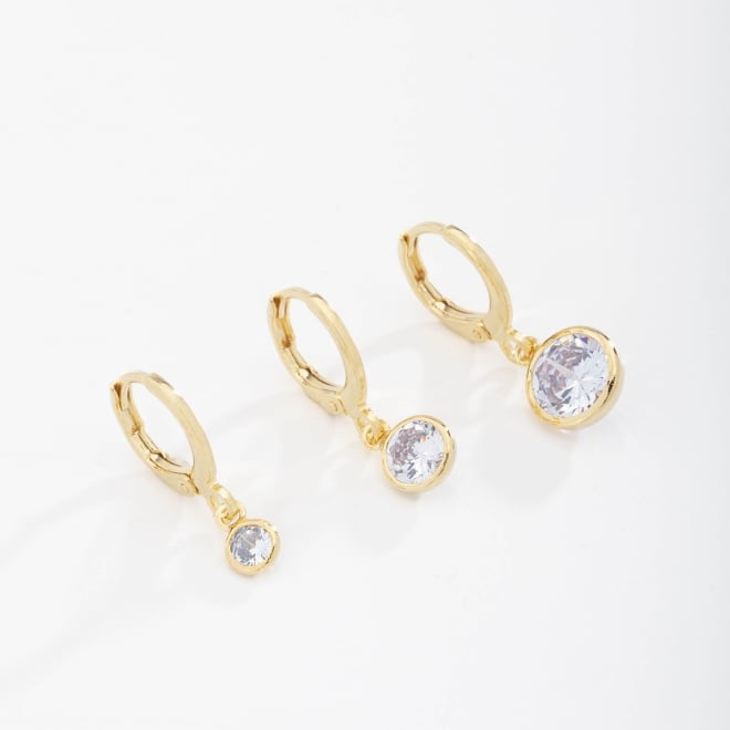 TAQ-00012 TRIO DE BRINCOS ARGOLA CLICK BANHADOS A OURO 18K COM PINGENTE DE ZIRCÔNIA CRISTAL