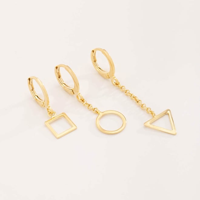 TAQ-00025 BRINCO BANHADO A OURO 18K COM ARGOLAS E PINGENTES GEOMÉTRICOS