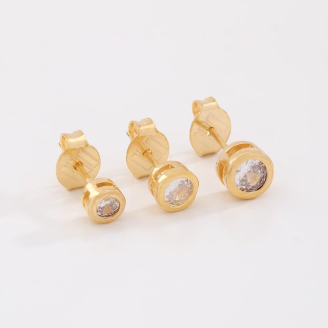 TBF-0043 TRIO DE BRINCOS BANHADOS A OURO 18K COM PEDRAS REDONDAS