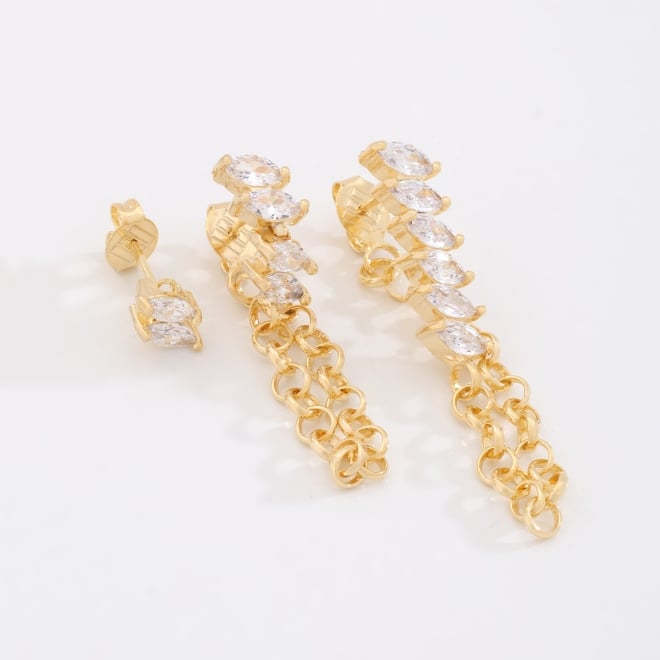 TBR-00011 TRIO DE BRINCOS BANHADOS A OURO 18K COM DETALHES EM ZIRCÔNIAS NAVETE