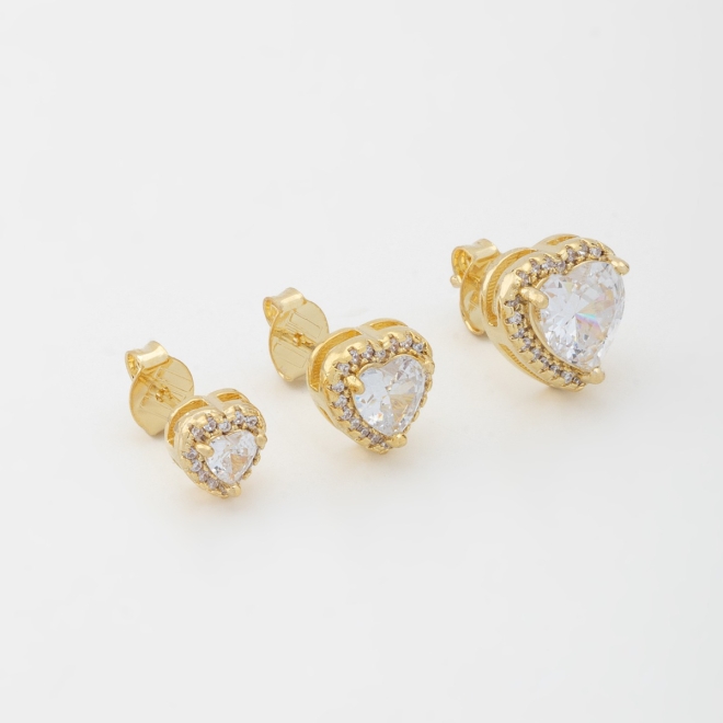 TBR-00028 TRIO DE BRINCOS DE CORAÇÃO COM ZIRCÔNIA CENTRAL E DETALHES CRAVEJADOS