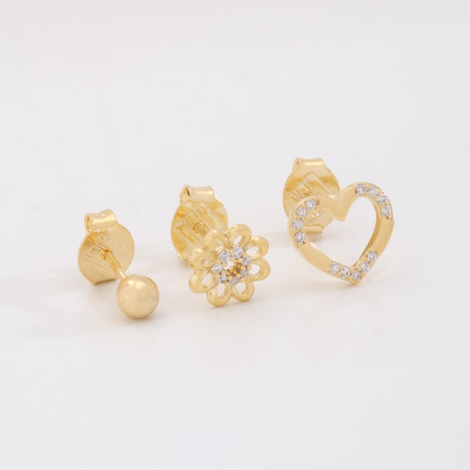 TBR-00035 TRIO DE BRINCOS BANHADOS A OURO 18K COM DESIGN VARIADO E DETALHES EM ZIRC&Ocirc;NIAS