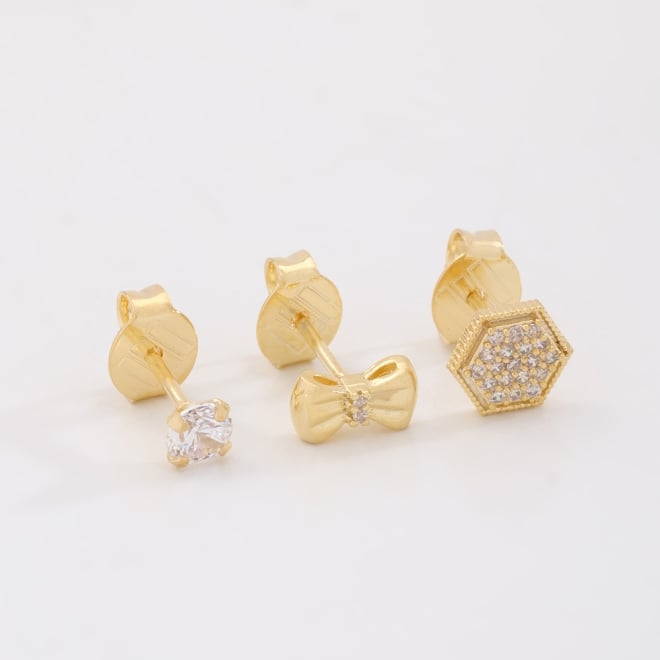 TBR-00036 TRIO DE BRINCOS BANHADOS A OURO 18K COM DESIGN DELICADO