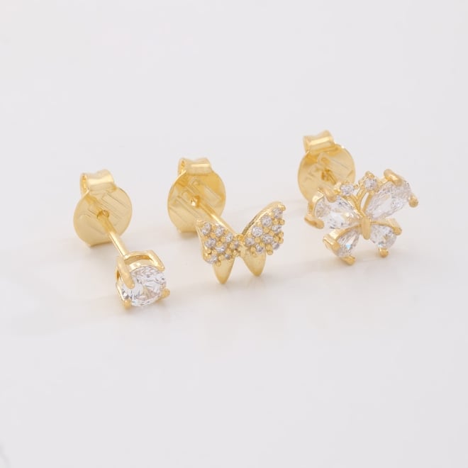 TBR-00040 TRIO DE BRINCOS BANHADOS A OURO 18K, COMPOSTO POR DUAS BORBOLETAS CRAVEJADAS EM ZIRCÔNIAS NAVETE E UM PONTO DE LUZ EM ZIRCÔNIA REDONDA