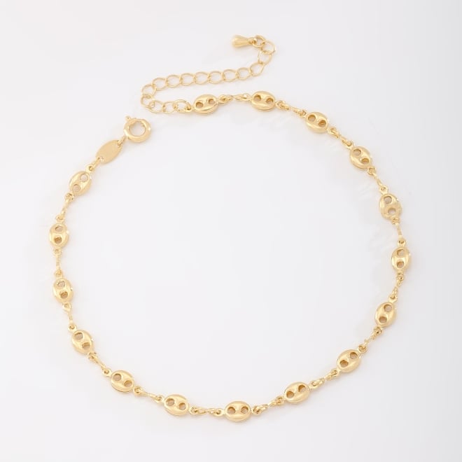 TN-00043 TORNOZELEIRA BANHADA A OURO 18K COM DETALHES EM ESFERAS VAZADA